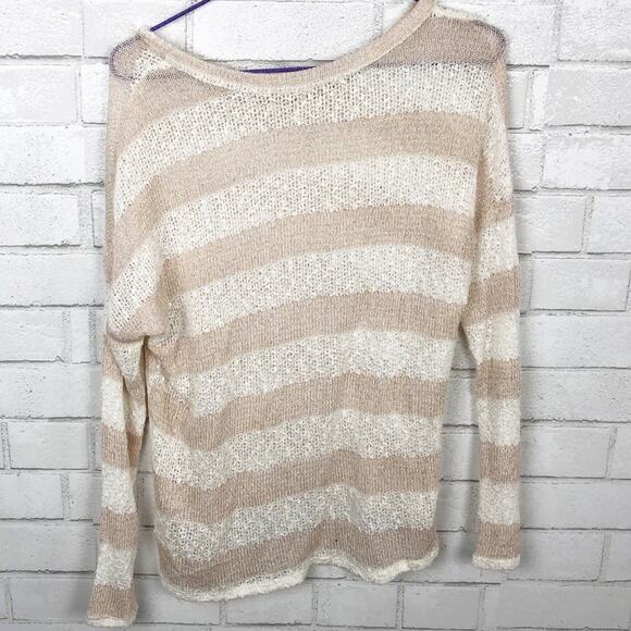 Kirra Striped Long Sleeve Scoop Neck Sheer Metallic Open Knit Sweater Size S/M - Picture 5 of 8